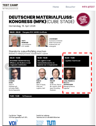MFK 2026 Cube Stage programme — Carl-Friedrich zu Knyphausen presenting the Logistics Townhouse at 10:30